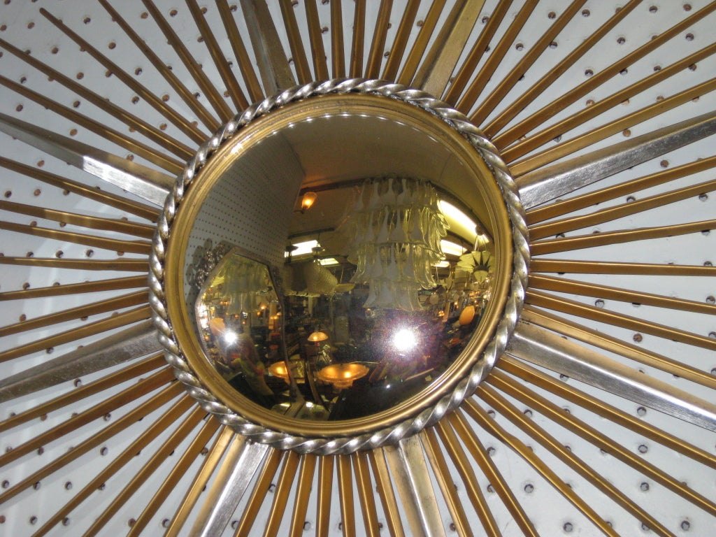 Mid-20th Century Large French mid century sunburst mirror in gold and silver- 36