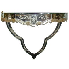 Venetian vintage etched glass and mirrored demi lune console