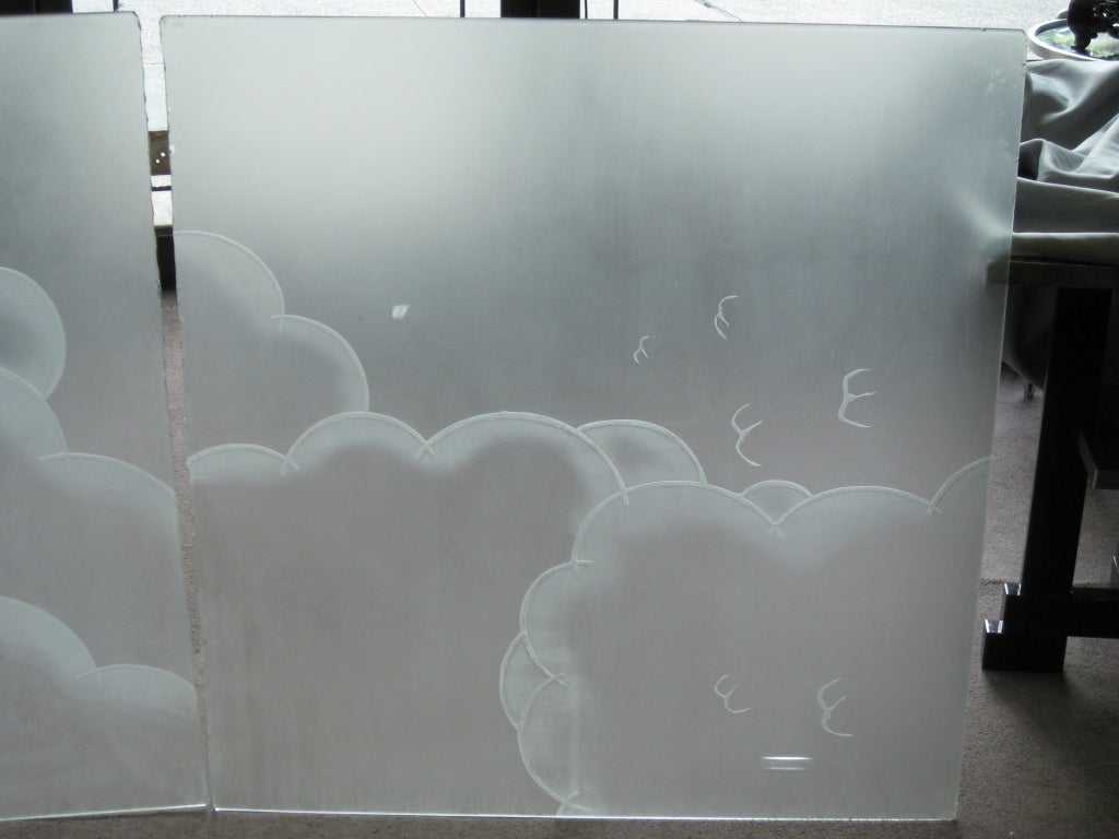 Two French Art Deco Architectural Etched Glass Cloud Panels In Good Condition For Sale In New York City, NY