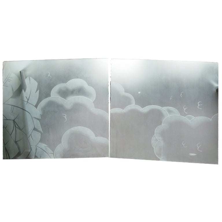 Two French Art Deco Architectural Etched Glass Cloud Panels