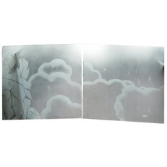 Vintage Two French Art Deco Architectural Etched Glass Cloud Panels