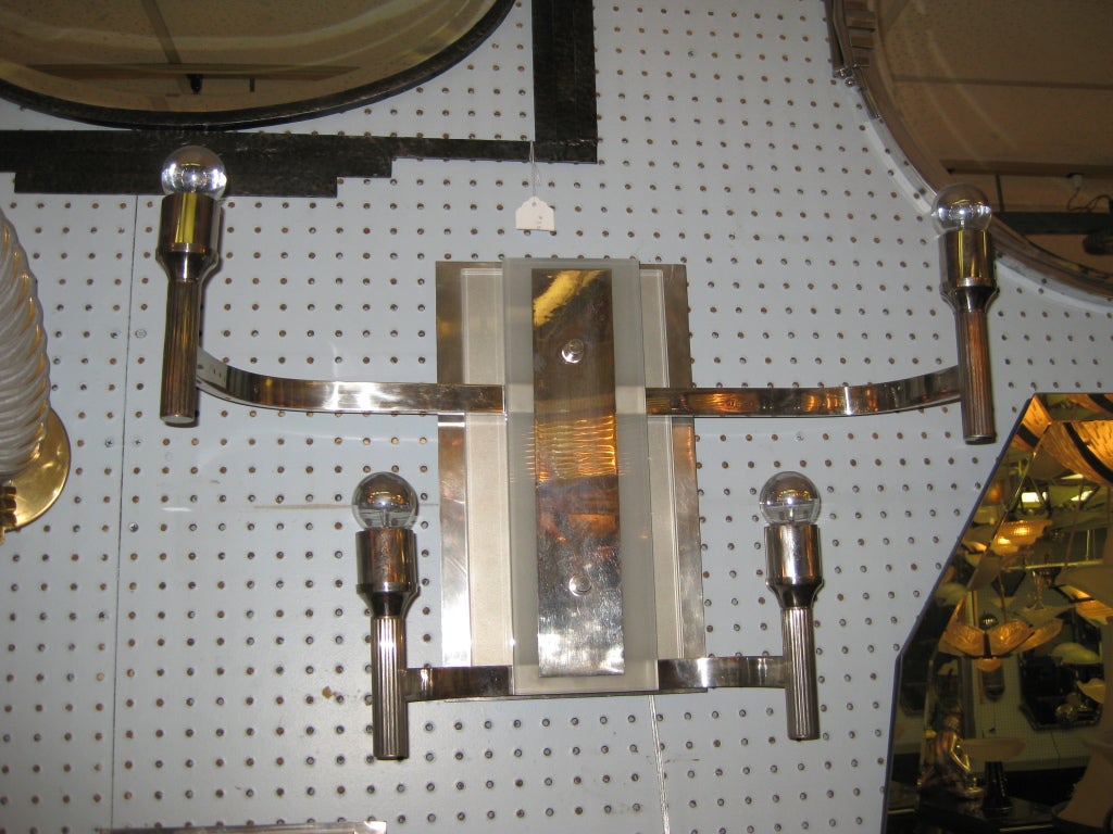 French Pair or Four Nickeled Bronze and Glass Modernist Sconces For Sale