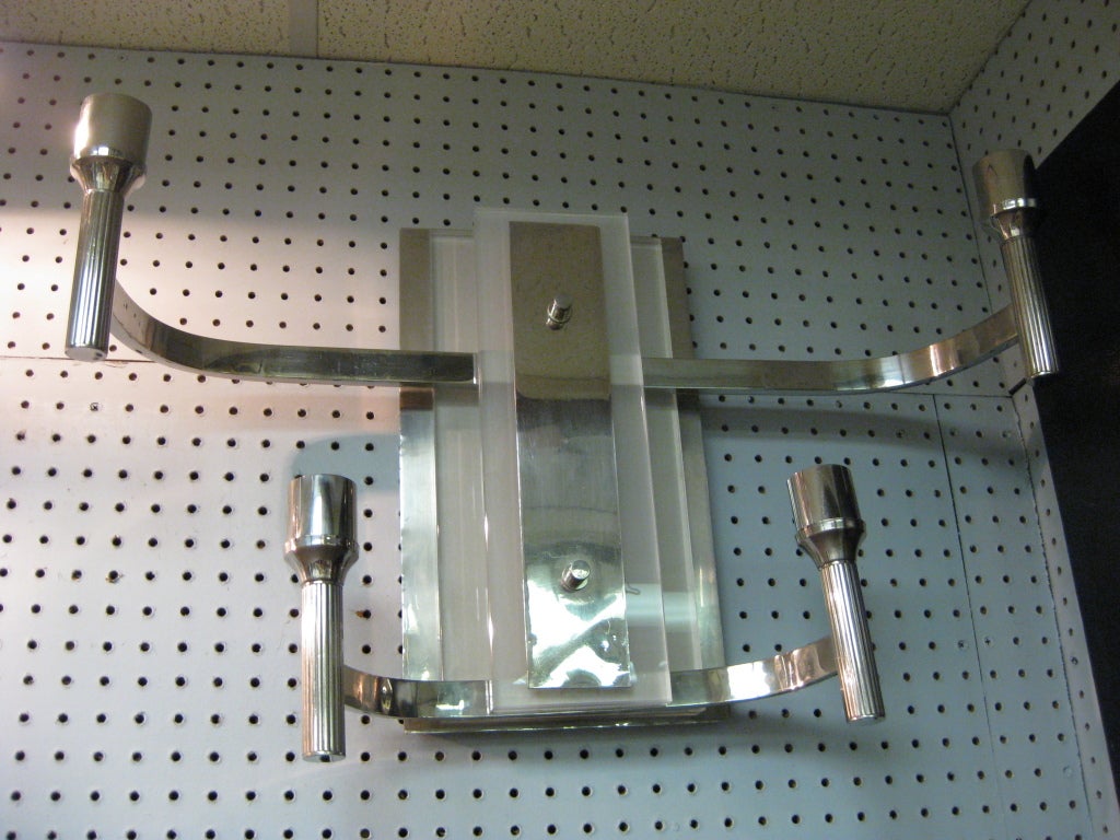 Minimalist Pair or Four Nickeled Bronze and Glass Modernist Sconces For Sale