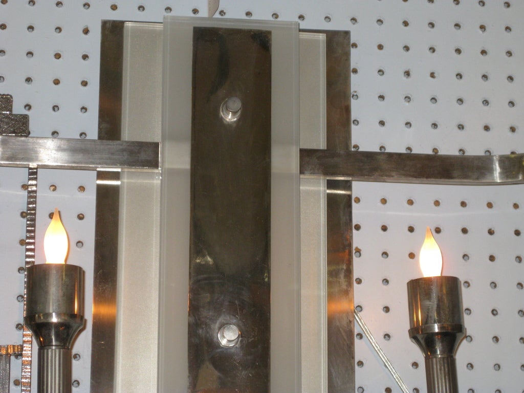 Pair or Four Nickeled Bronze and Glass Modernist Sconces In Good Condition For Sale In New York City, NY