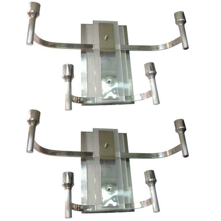 Pair or Four Nickeled Bronze and Glass Modernist Sconces