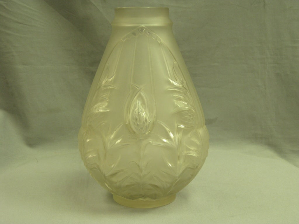 20th Century Pair of French Art Deco Frosted Glass Thistle Vases signed Etling