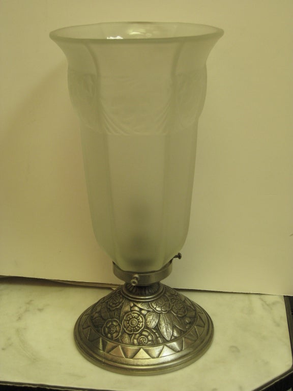 Art Deco Pair or Single French Table Lamp, Frosted Glass and Nickeled Bronze