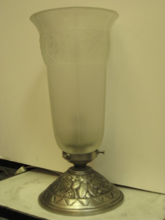 Pair or Single French Table Lamp, Frosted Glass and Nickeled Bronze 1