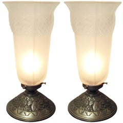 Pair or Single French Table Lamp, Frosted Glass and Nickeled Bronze