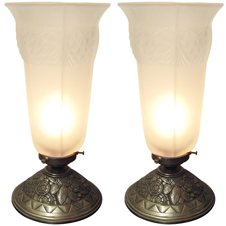 Pair or Single French Table Lamp, Frosted Glass and Nickeled Bronze