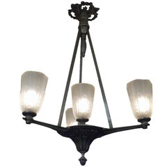 Antique Four Tulip Chandelier in Frosted Glass and Satin Nickeled Bronze