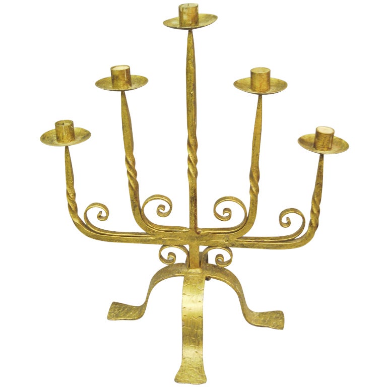 French 1940's large gilt iron five arm candelabra  For Sale