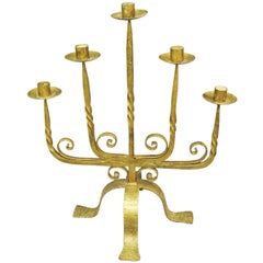 Used French 1940's large gilt iron five arm candelabra 