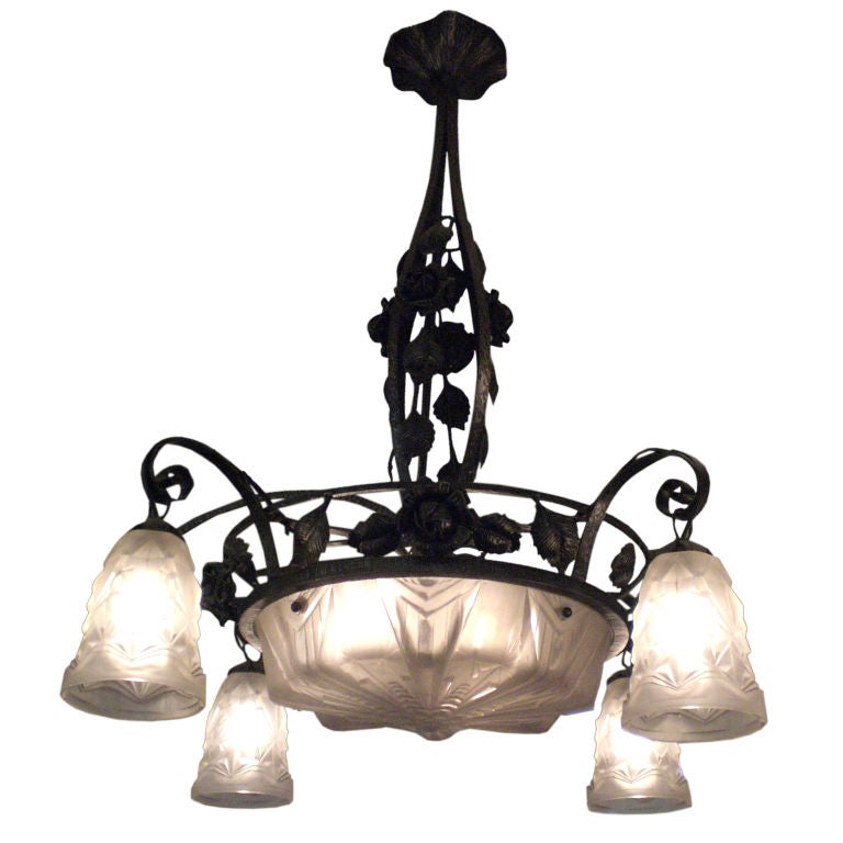 French Art Deco Chandelier Signed Muller Freres Luneville For Sale