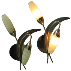 Pair of French Glass and Nickeled Bronze Bud Sconces @1940