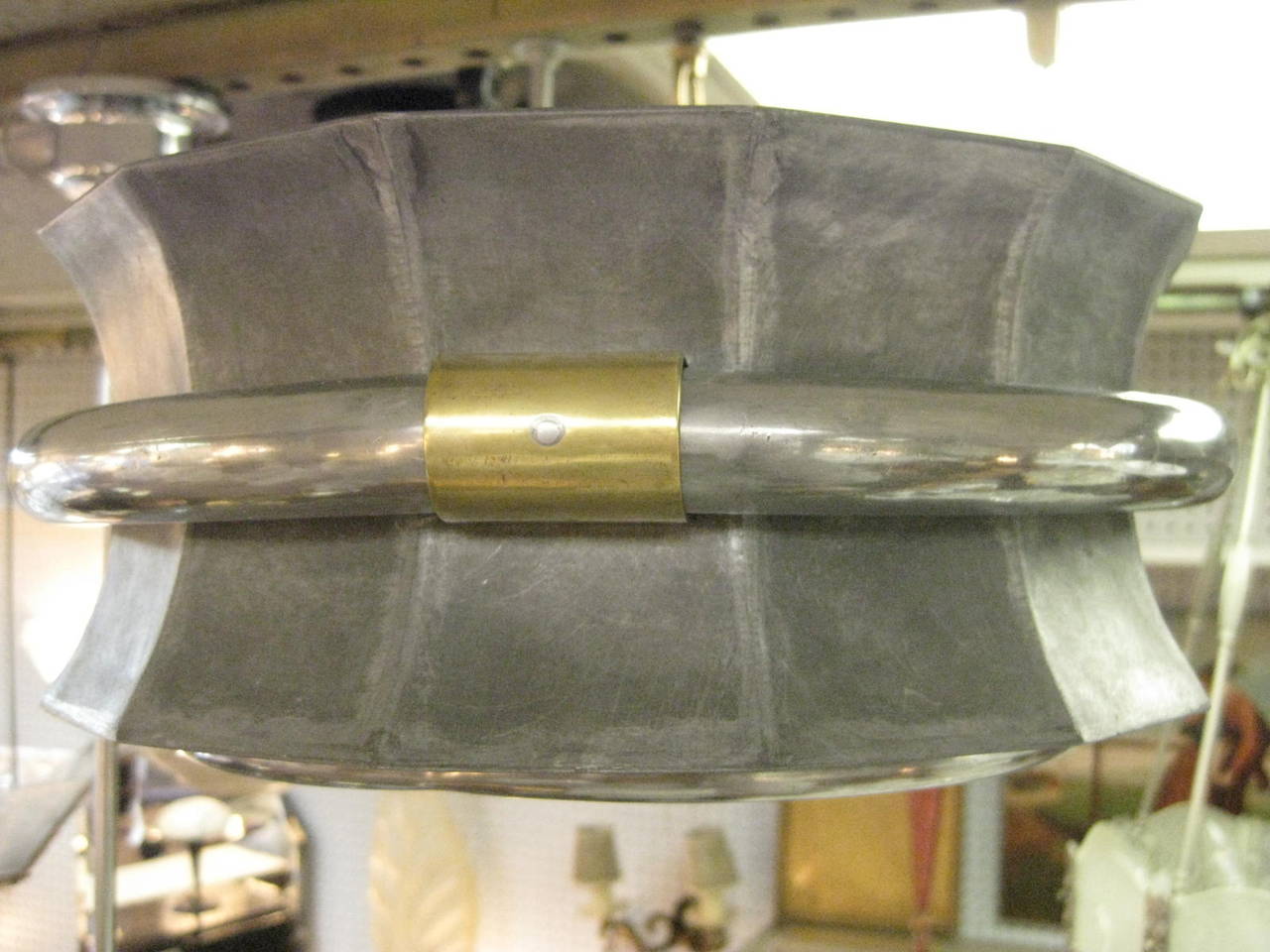 Industrial Art Deco Elliptical Shaped Chandelier in Steel and Glass 3