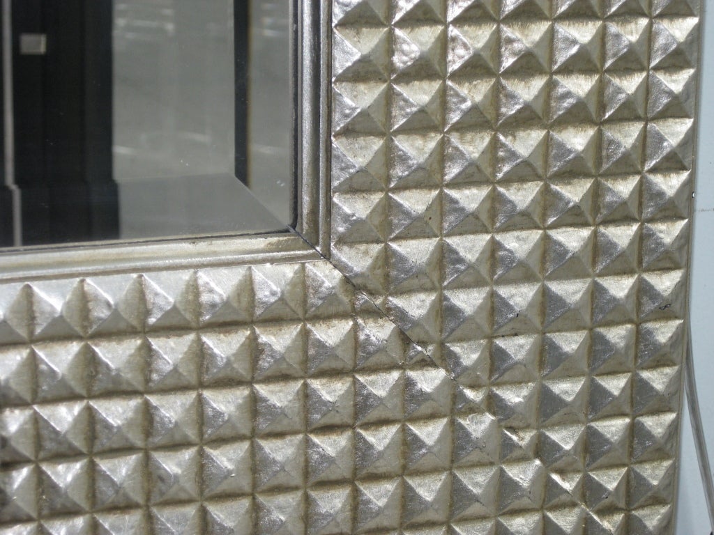 20th Century Large rectangular beveled grid mirror in  white gold