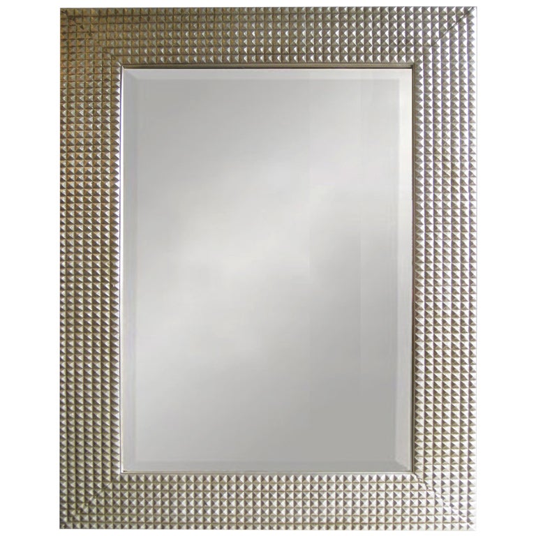 Large rectangular beveled grid mirror in white gold at 1stDibs