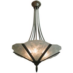 French 6 panel art glass chandelier in nickeled bronze -1930