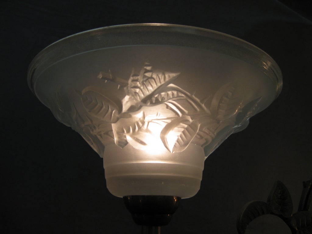 French Art Deco Frosted Art Glass Chandelier Signed Maynadier For Sale 8