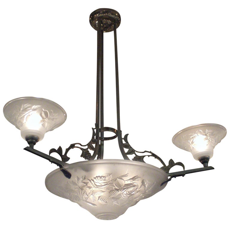 French Art Deco Frosted Art Glass Chandelier Signed Maynadier For Sale