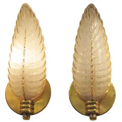 Pair of gilt decorarted glass leaf sconces-1940 signed Ezan