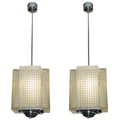 Pair of rectangular corrugated cubist patterned drop chandeliers