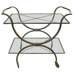 Two Tiered Wrought Iron Rolling Bar Cart- France 1940