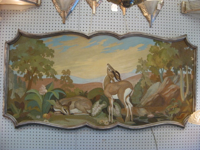 Original French hand painted oil on panel signed and dated 1953.
The pastoral scene depicting a buck and a doe in a forest setting with soft muted colors and framed in its fabulous original silver leaf carved wood frame.
Key words: Art Deco,