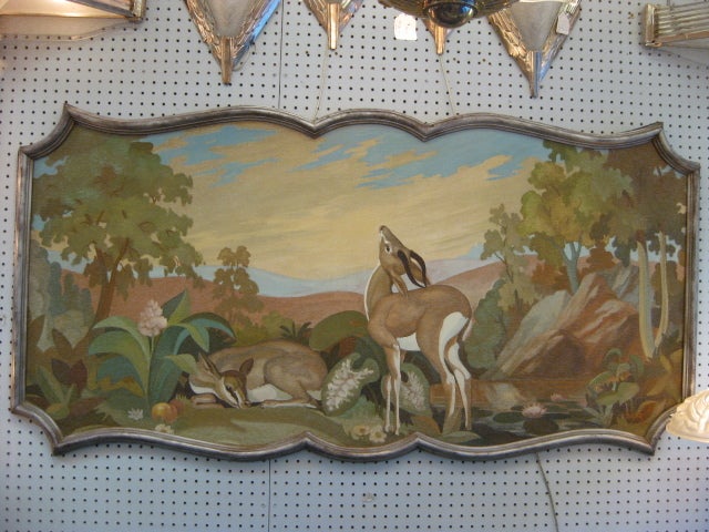 Original French 1950's large painting on panel of deer in  frame
