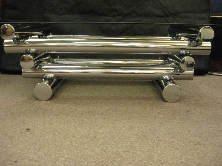 French Mid-Century Modern Tubular, Tiered Metal Coffee Table with Glass Top