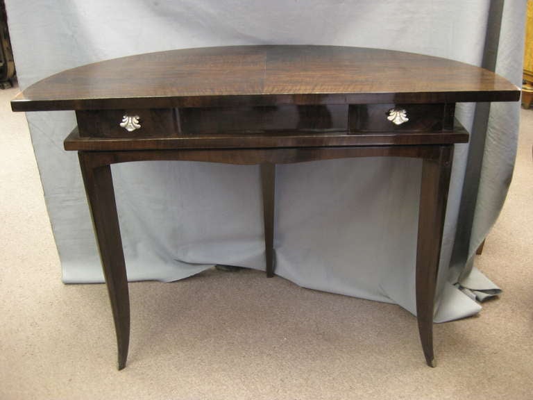 Elegant French walnut demi-lune writing table attrib to Arbus