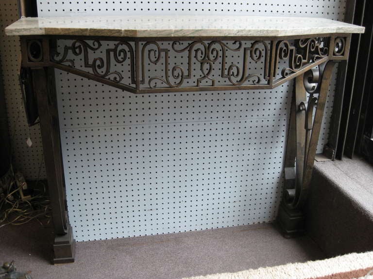 French 1940's dark gilt bronze patinated iron console with marble top
