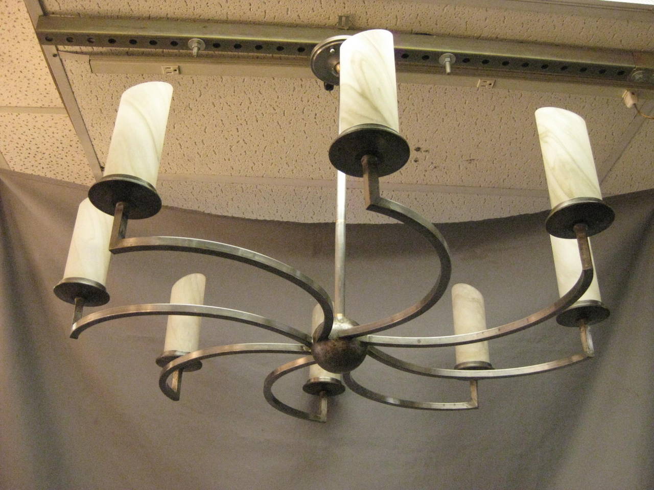 20th Century Large Eight-Arm Iron Chandelier with Glass Shades