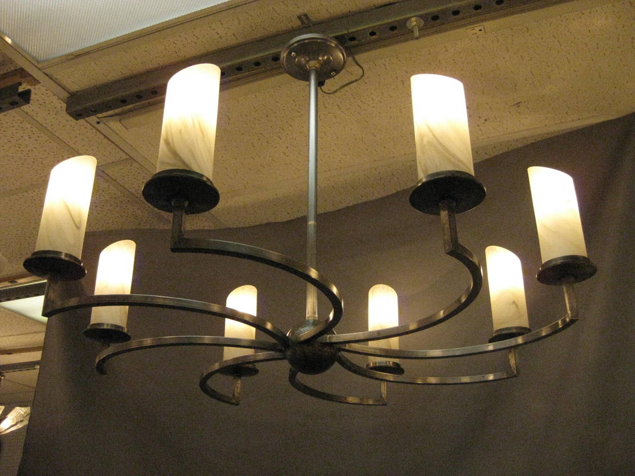 Large Eight-Arm Iron Chandelier with Glass Shades 1