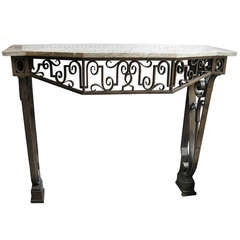 French 1940's dark gilt bronze patinated iron console with marble top