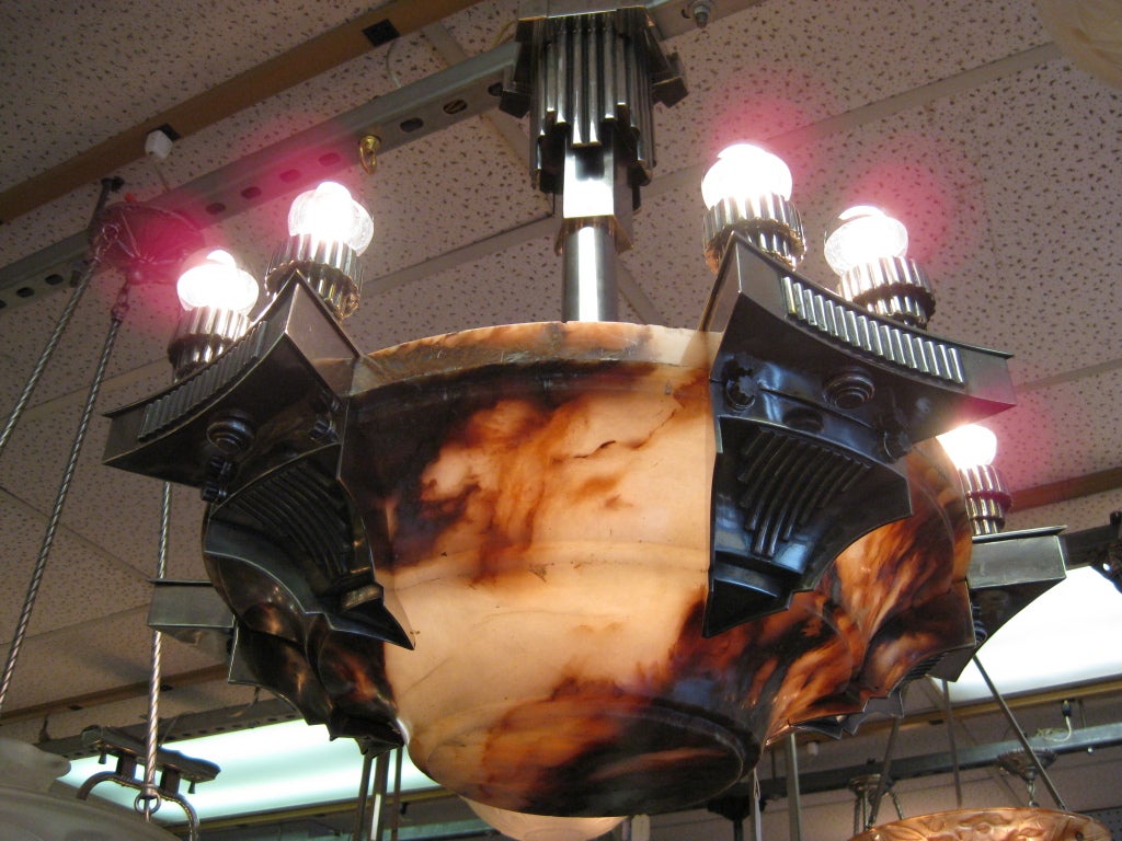 French Art Deco Alabaster and Nickeled Bronze Chandelier, Subes In Good Condition In New York City, NY