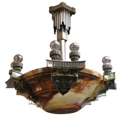 French Art Deco Alabaster and Nickeled Bronze Chandelier, Subes