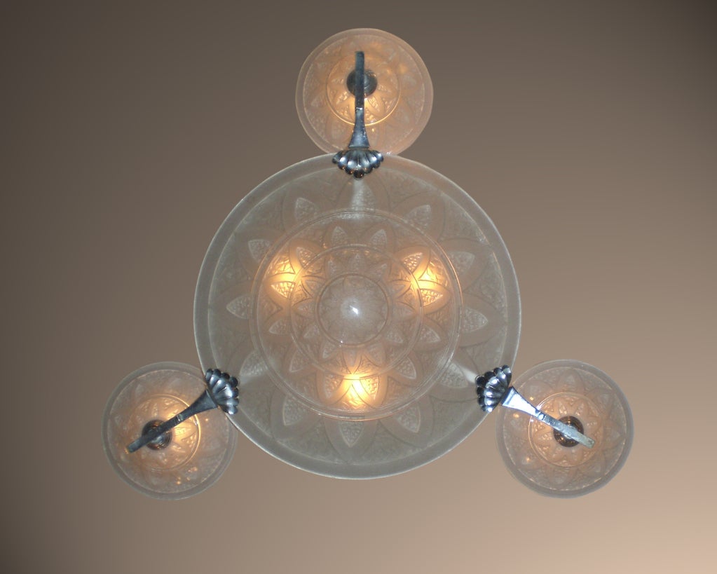 French Art Deco frosted art glass chandelier circa 1930 4