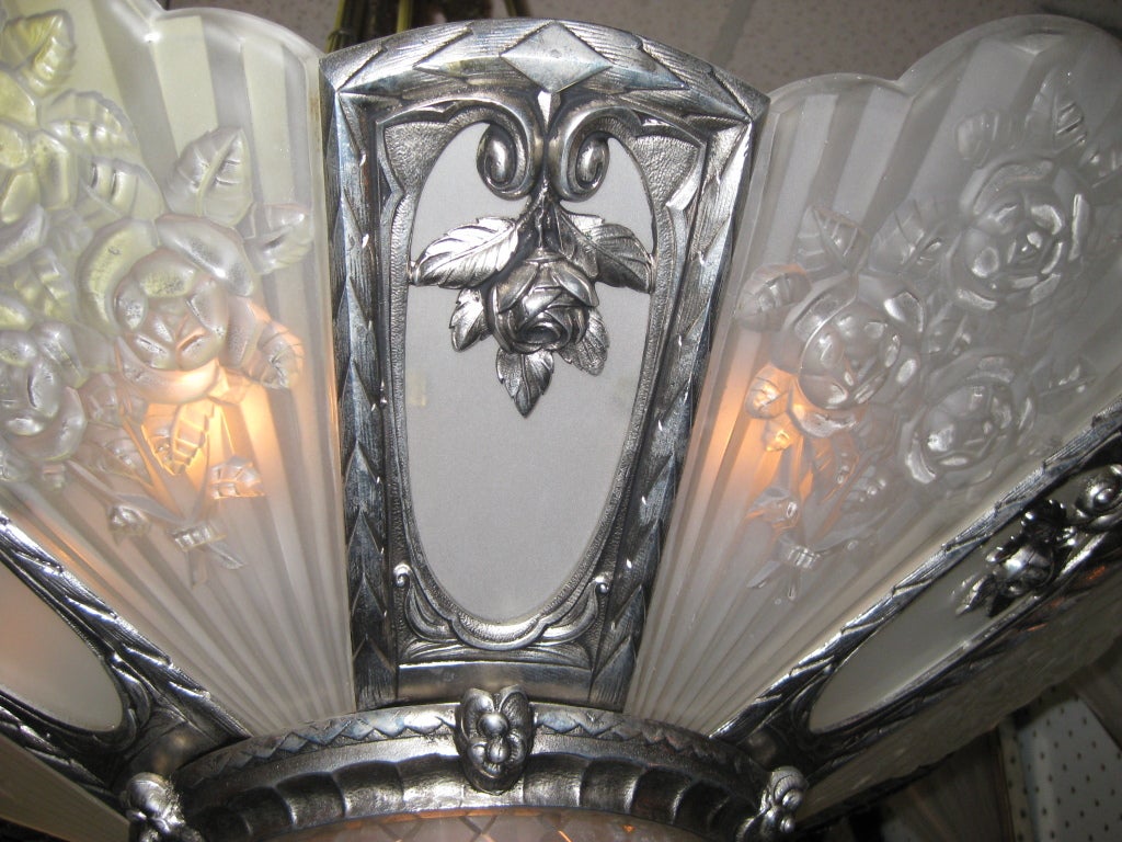 Large French Art Deco Frosted Glass Chandelier Signed Gilles, 1925 3