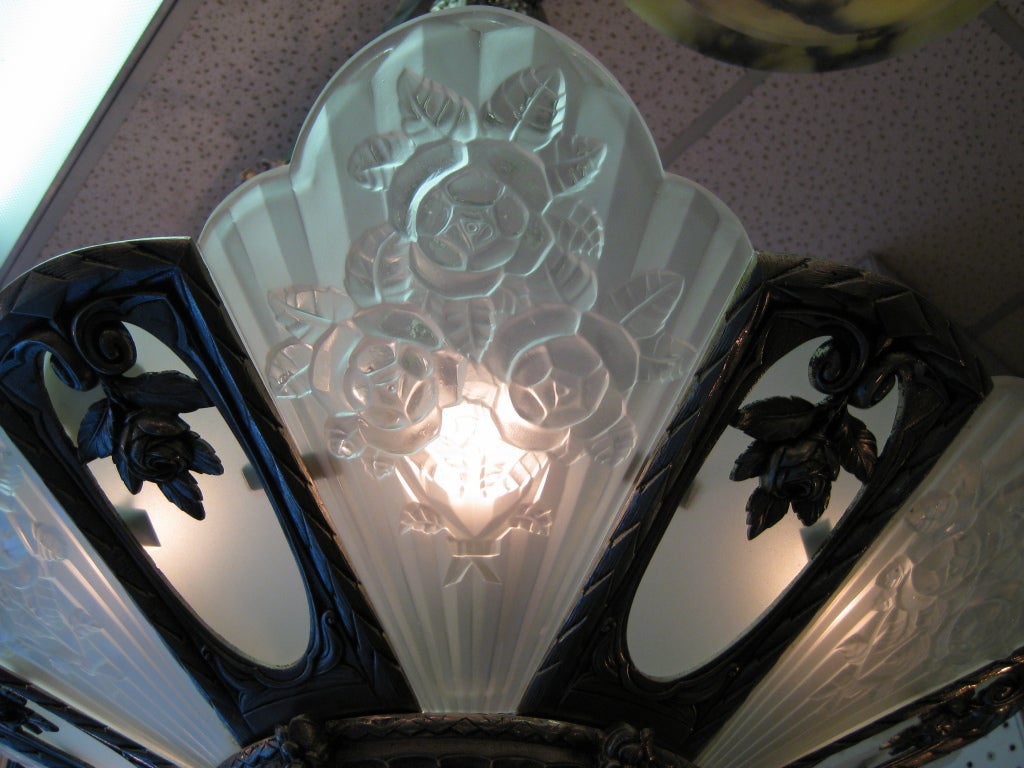 Large French Art Deco Frosted Glass Chandelier Signed Gilles, 1925 4