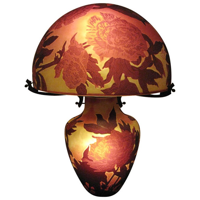 Large French Triple Overlaid Cameo Art Glass Table Lamp After Galle Large French Triple Overlaid Cameo Art Glass Table Lamp After Galle For