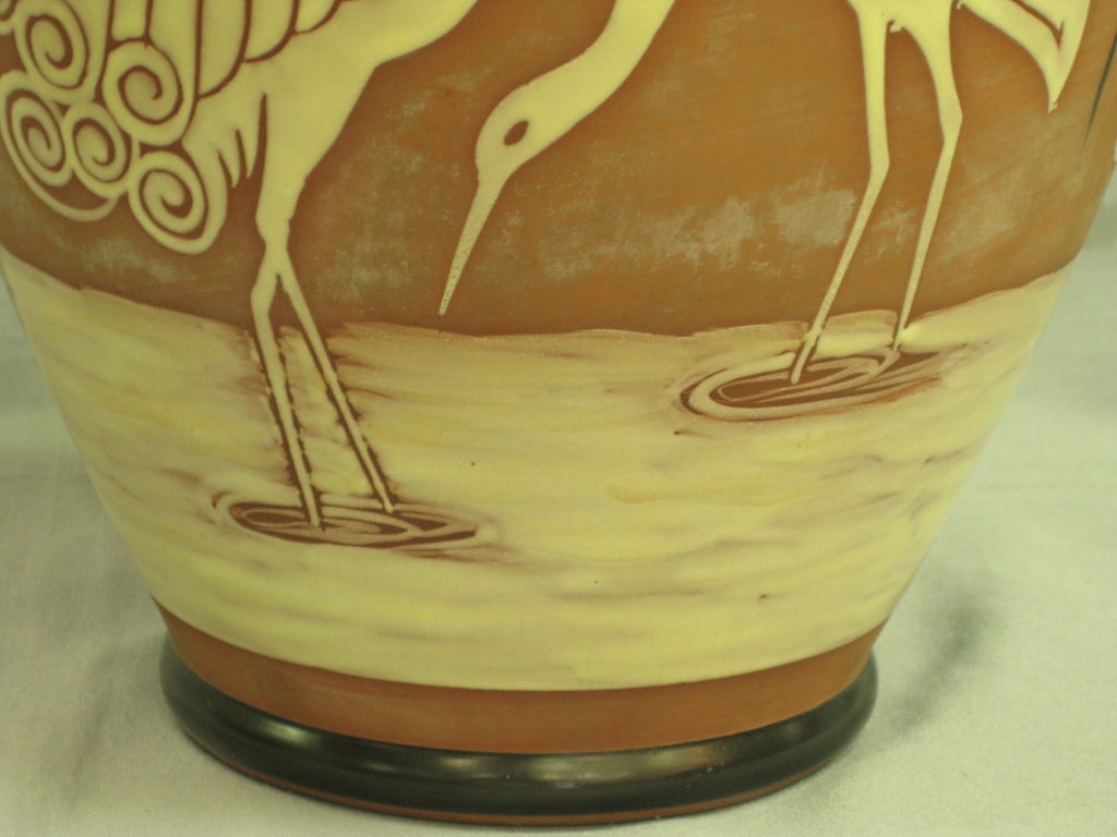 Art Deco Belgian pottery vase with cranes Catteau Boch Freres Enameled circa 1939 For Sale