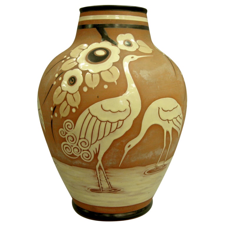 Belgian pottery vase with cranes Catteau Boch Freres Enameled circa 1939 For Sale