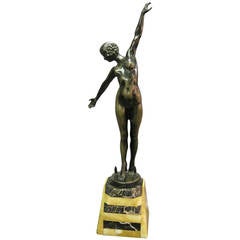 Antique Tall Art Deco bronze sculpture of a nude dancer signed: Quillon- Carrier