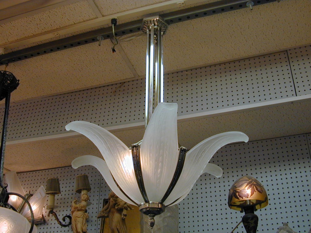 French Art Deco calla lily frosted art glass chandelier -Des Hanots 1925