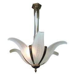 French Art Deco calla lily frosted art glass chandelier -Des Hanots 1925