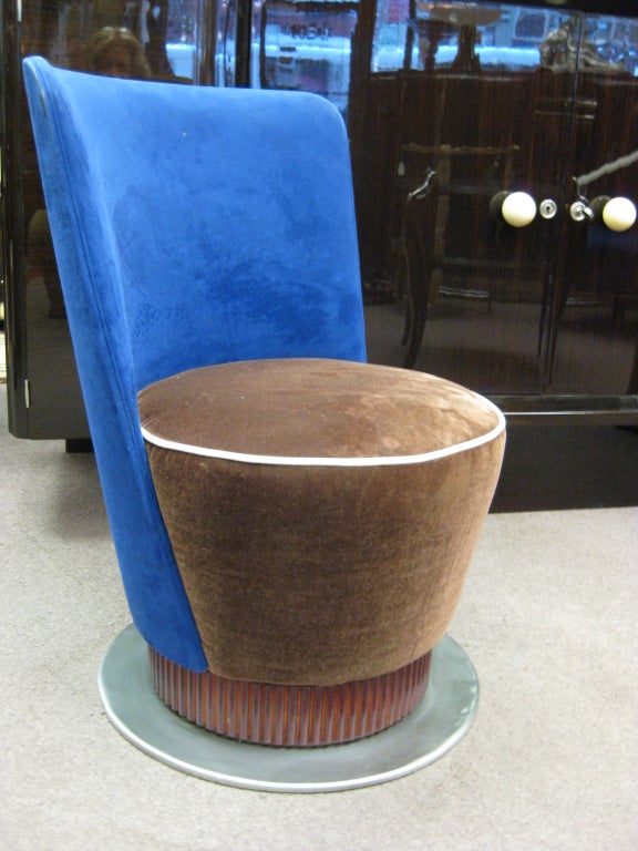  Italian Modernist extremely comfortable vanity chair with back. Streamlined form, upholstered in cobalt suede and mocha mohair and raised on a round fluted wood base atop a turned metal circular rest. The back of the chairs feature a lovely curved