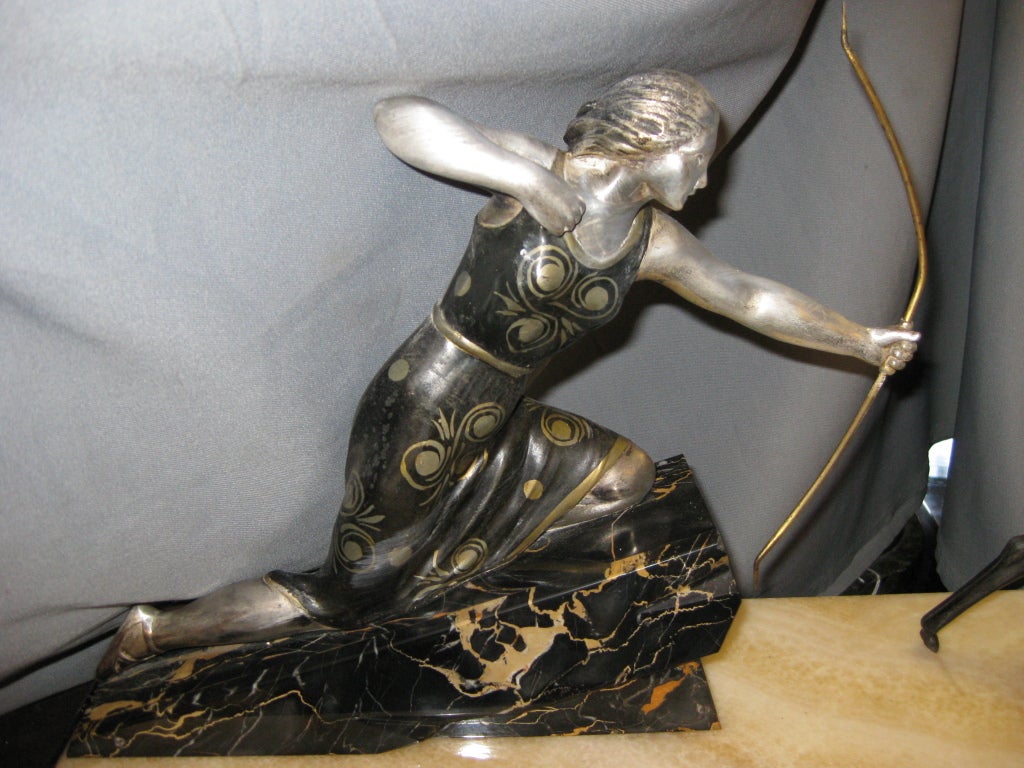 20th Century French Art Deco Sculpture of an Archer on Inlaid Onyx and Marble Base