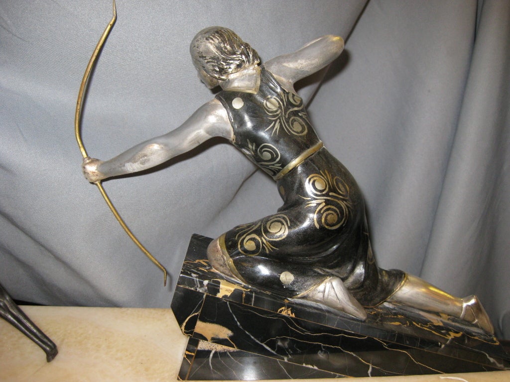 French Art Deco Sculpture of an Archer on Inlaid Onyx and Marble Base 1